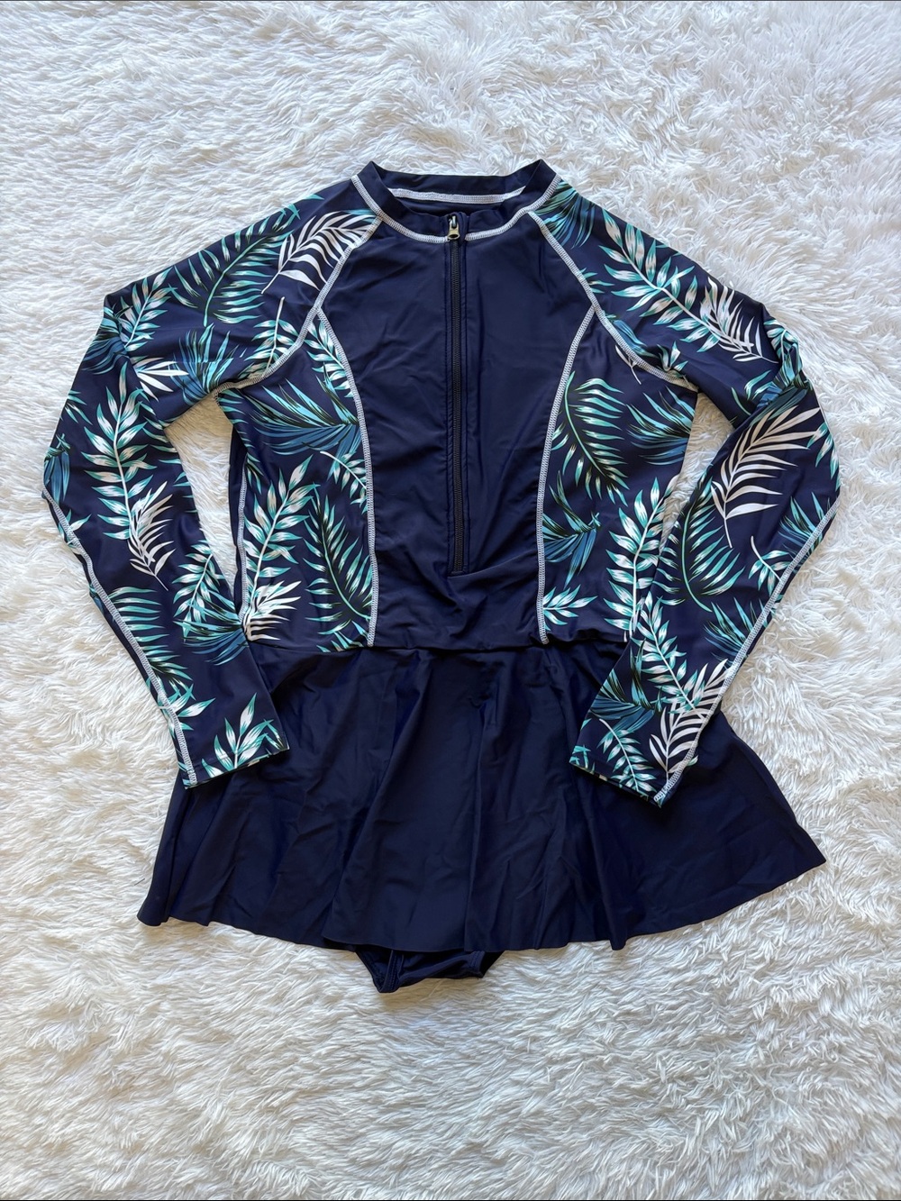 NEW Zando Navy Blue Long Sleeve Tropical Leaves Swim Dress Size XL